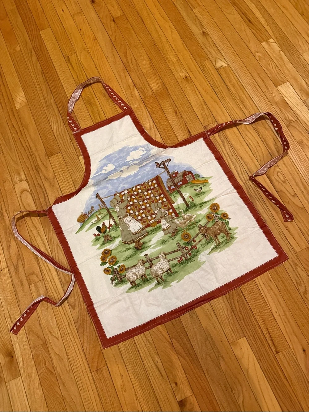 Rust Red Country Farmhouse Cotton Apron with Quilt Print